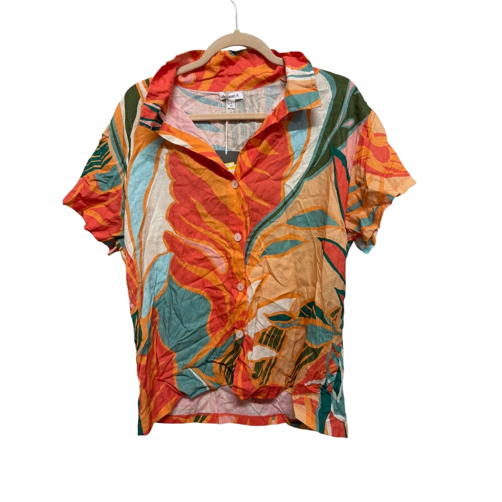 NWT Vitamin A Tropical Floral Linen Button Up Shirt Large Beach Resort Cover Up